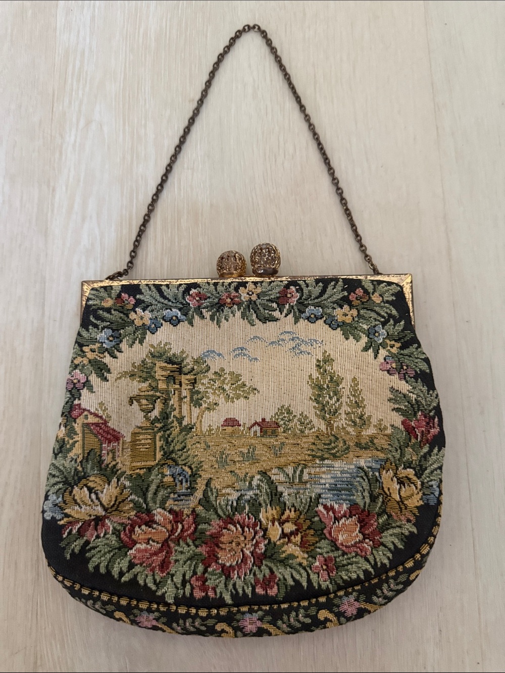 Vintage Handmade French Walborg Tapestry Floral Hand Bag